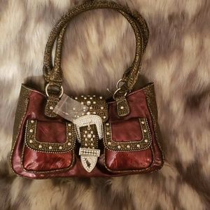 Burgundy rhinestone embellished handbag